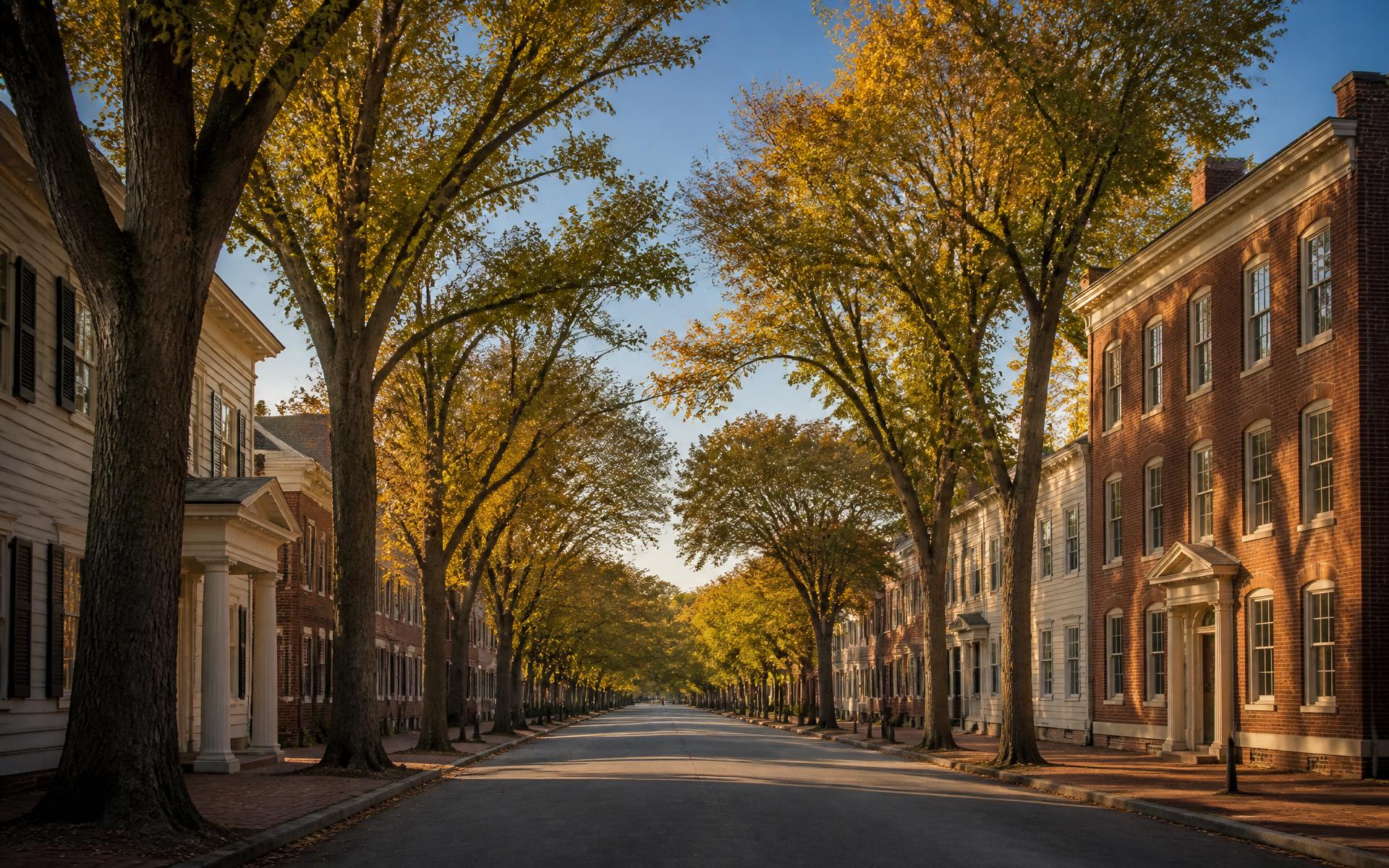Historic tree-lined main street in a Western Massachusetts town at golden hour