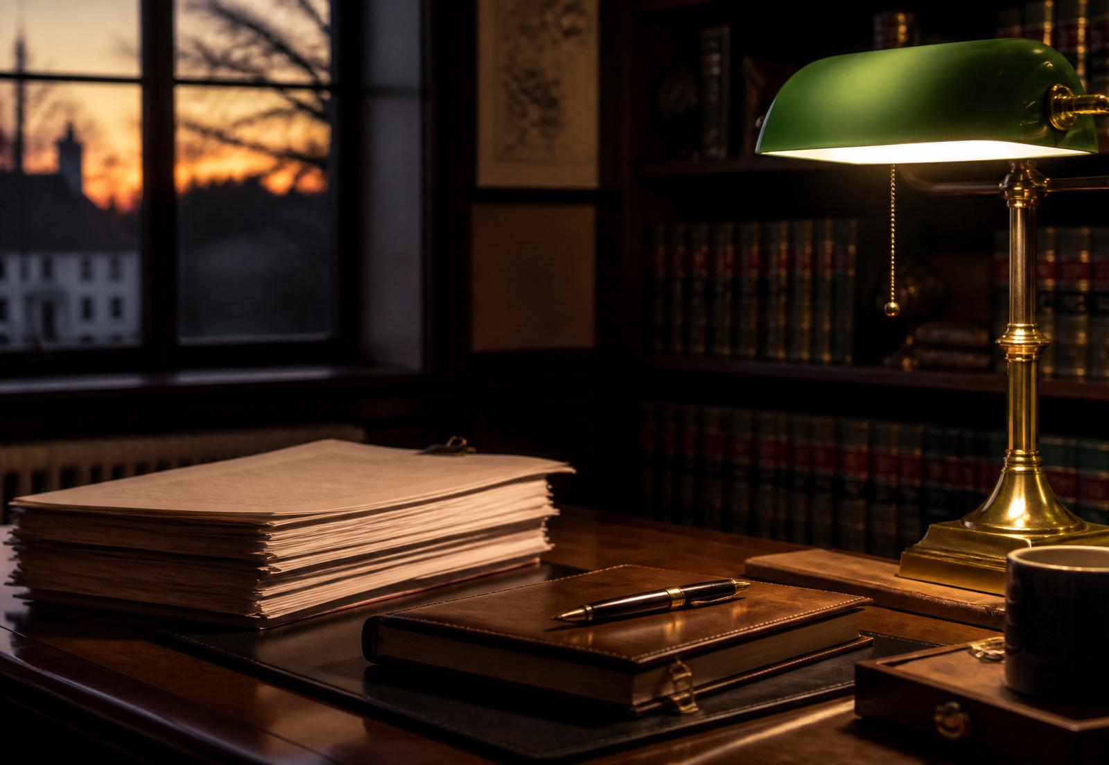 A private New England advisory office at dusk with ledgers, a green banker's lamp, and law volumes